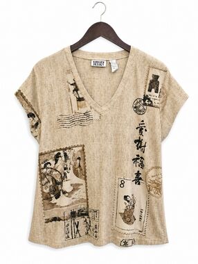 Chicos Design Cream Asian Inspired Collage Cotton Graphic V-neck Tee Sz 3 (XL)
